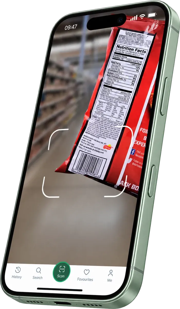 The Ivy scanner held up to the barcode on the back of a bag of Doritos in a supermarket aisle